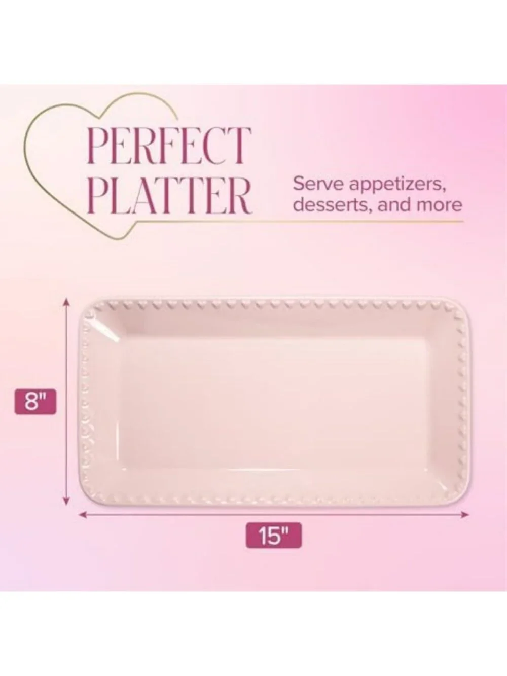 Pink Rectangle Ceramic Serving Platter Tray with Embossed Hearts, 15x8-Inch